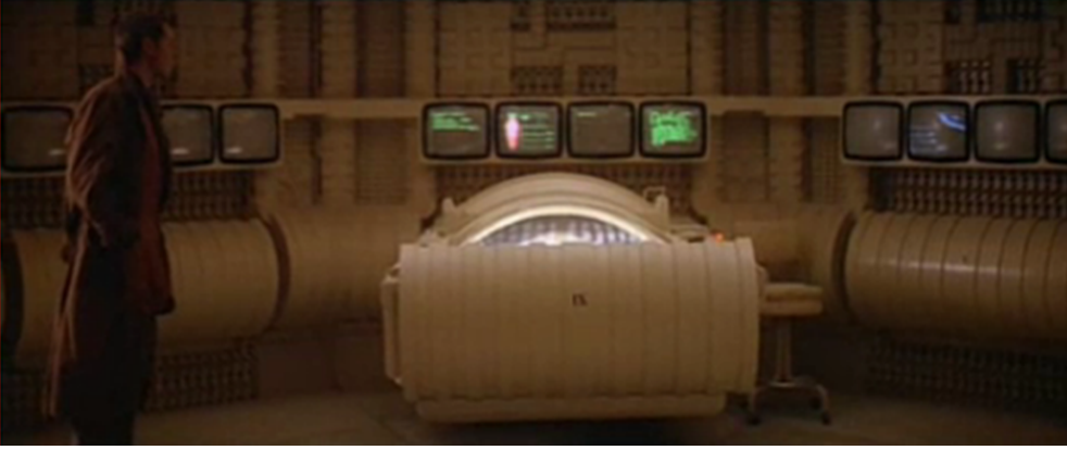 Figure 31: Deckard confronts his mortality in meeting Holden in his crypt-like ‘iron-lung.’ Holden too has become man and machine: ‘He can breathe okay as long as nobody unplugs him.’